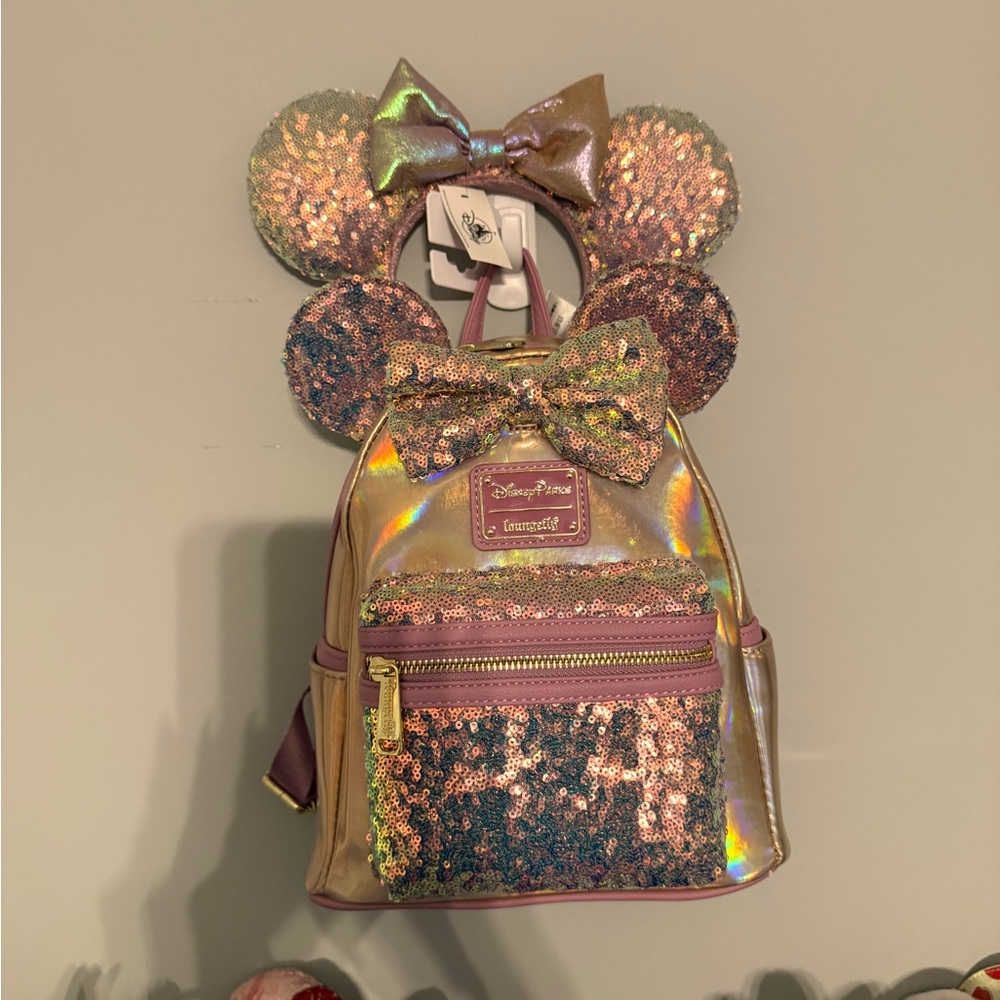 Disney Loungefly Iridescent mini backpack with matching ears. BNWT